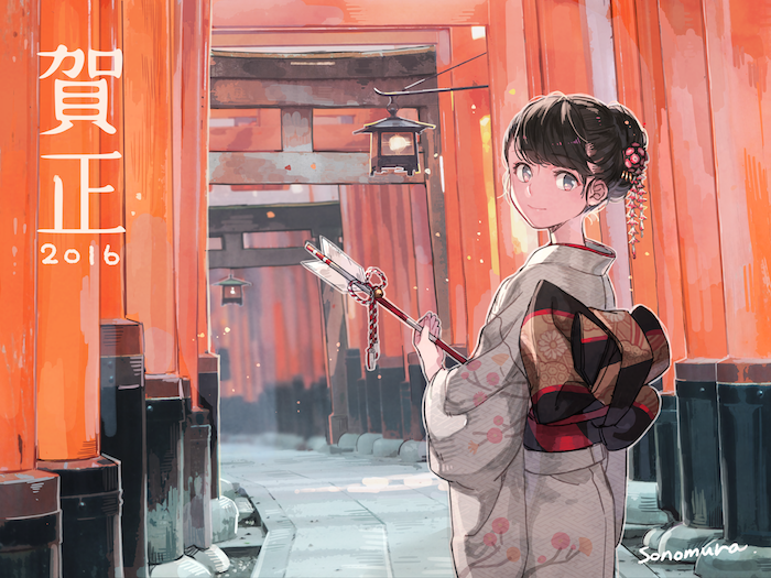 1girl arrow brown_hair dated floral_print from_behind grey_kimono hair_bun hair_ornament hamaya holding japanese_clothes kimono light_brown_eyes looking_at_viewer looking_back obi original outdoors paddle path road sash signature smile solo sonomura standing torii