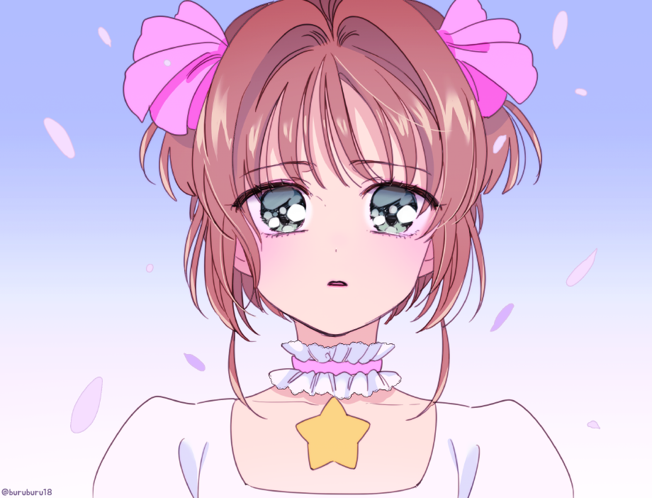 1girl aqua_eyes bangs brown_hair buruburu18 card_captor_sakura choker expressionless face facing_viewer gradient gradient_background green_eyes hair_ribbon kinomoto_sakura looking_at_viewer open_mouth petals pink_ribbon ribbon short_hair sidelocks simple_background solo star twitter_username two_side_up