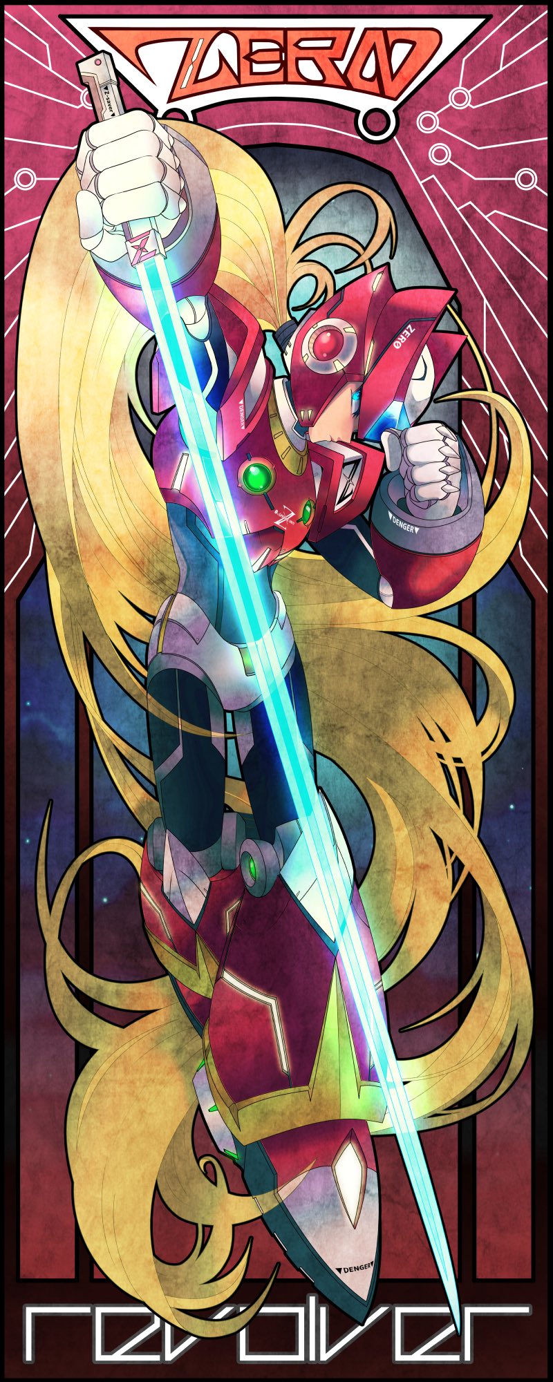 1boy android blonde_hair blue_eyes capcom character_name clenched_hand energy_blade energy_sword full_body gloves guutara helmet highres holding holding_weapon lightsaber long_hair male_focus ponytail robot rockman rockman_x solo sword very_long_hair weapon white_gloves zero_(rockman)