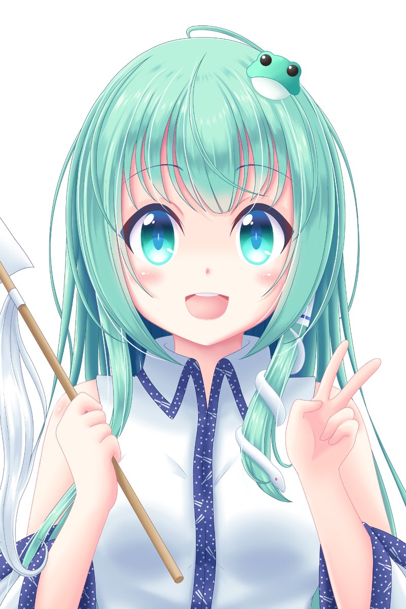 1girl ahoge aqua_eyes blush collar frog gohei green_hair hair_tube kochiya_sanae open_mouth peace_sign polka_dots reimei75812z snake teeth tongue touhou v