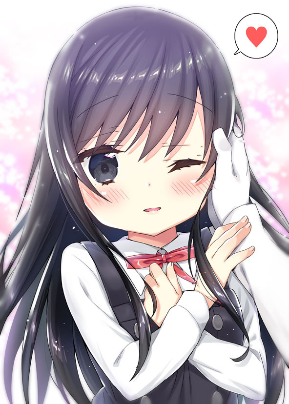 1girl asashio_(kantai_collection) bad_proportions bangs black_dress black_eyes black_hair blush bow breasts collared_shirt commentary_request dress eyebrows_visible_through_hair fingernails gloves hair_between_eyes hand_on_another's_cheek hand_on_another's_face heart k_hiro kantai_collection long_hair long_sleeves one_eye_closed out_of_frame parted_lips pinafore_dress poorly_drawn red_bow shirt small_breasts solo_focus spoken_heart very_long_hair white_gloves white_shirt