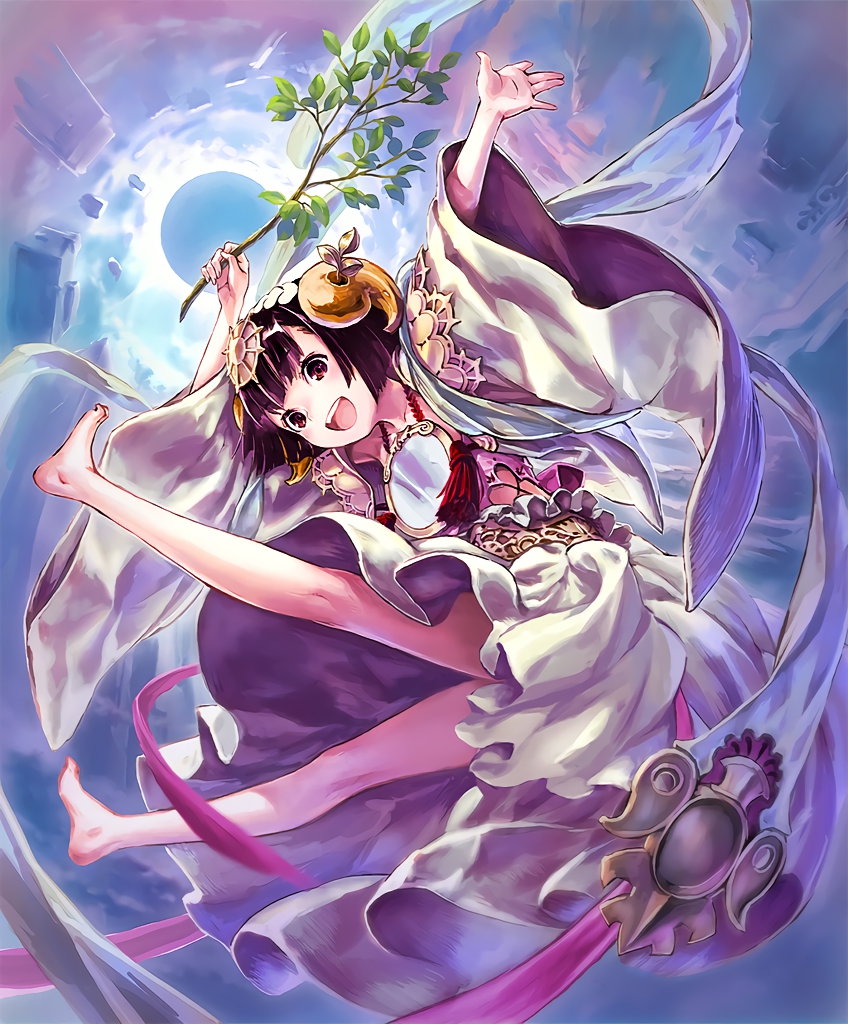 1girl :d amaterasu_(shadowverse) artist_request barefoot black_hair branch cygames full_body hair_ornament happy mirror official_art open_mouth red_eyes shadowverse shingeki_no_bahamut short_hair smile solo wide_sleeves