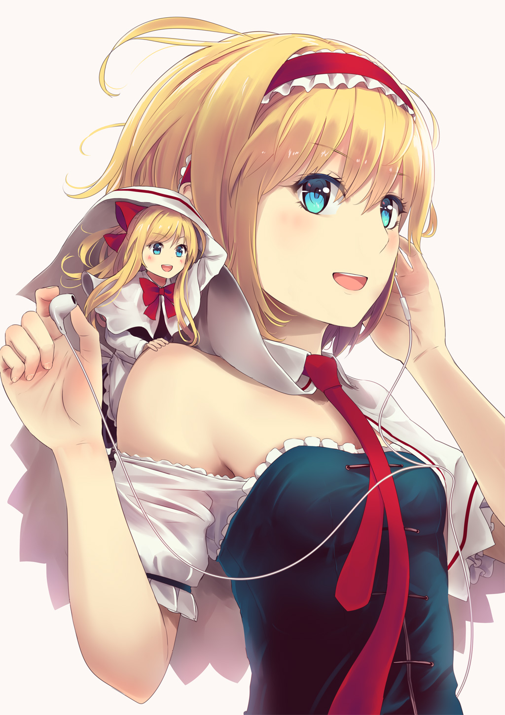 1girl alice_margatroid bangs blonde_hair blue_dress blue_eyes breasts capelet culter detached_collar dress earphones eyebrows_visible_through_hair fingernails floating_hair hairband hands_up highres holding looking_afar necktie red_hairband red_neckwear shanghai_doll simple_background smile solo touhou upper_body