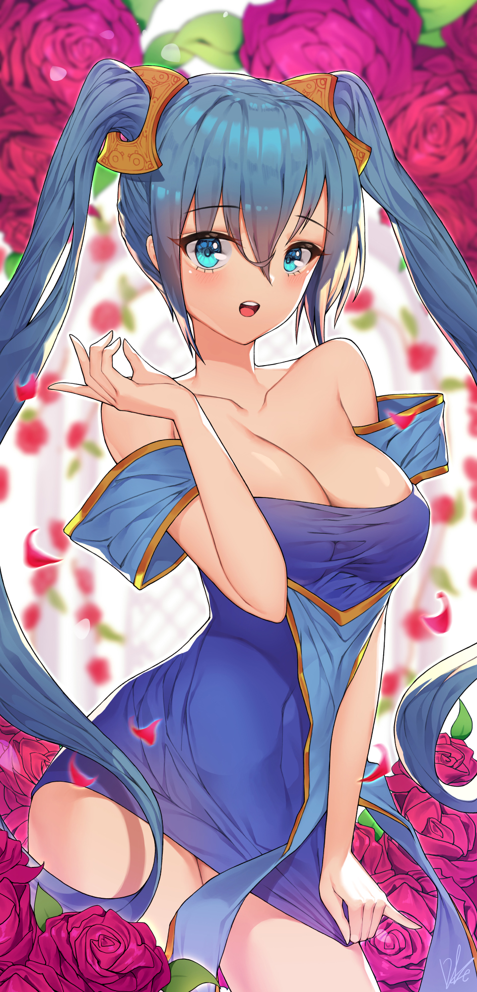 1girl :d bangs bare_shoulders blue_dress blue_eyes blue_hair blush breasts cleavage collarbone dress dress_tug eyebrows_visible_through_hair flower hair_between_eyes hand_up highres large_breasts league_of_legends lee_seok_ho long_hair off-shoulder_dress off_shoulder open_mouth petals pink_flower pink_rose pinky_out rose rose_petals short_dress sidelocks signature smile solo sona_buvelle twintails upper_teeth very_long_hair