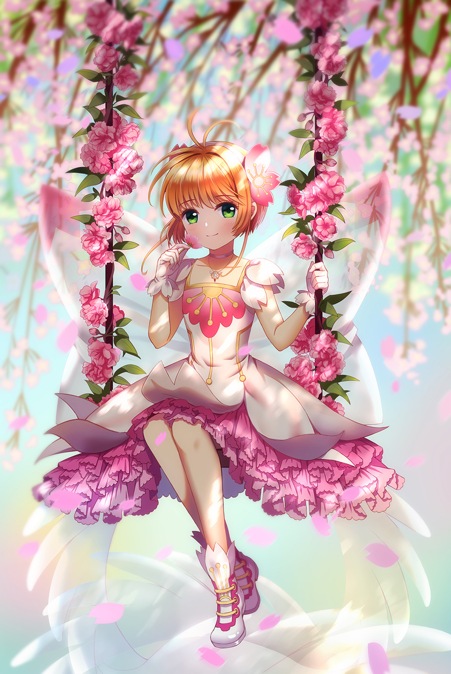 1girl antenna_hair back_bow blonde_hair boots card_captor_sakura cherry_blossoms choker collarbone day dress eyebrows_visible_through_hair flower full_body gloves green_eyes hair_ornament heavenlove highres holding holding_flower jewelry kinomoto_sakura layered_dress looking_at_viewer necklace outdoors pink_flower short_hair sidelocks sitting sleeveless sleeveless_dress smile solo transparent_bow white_footwear white_gloves