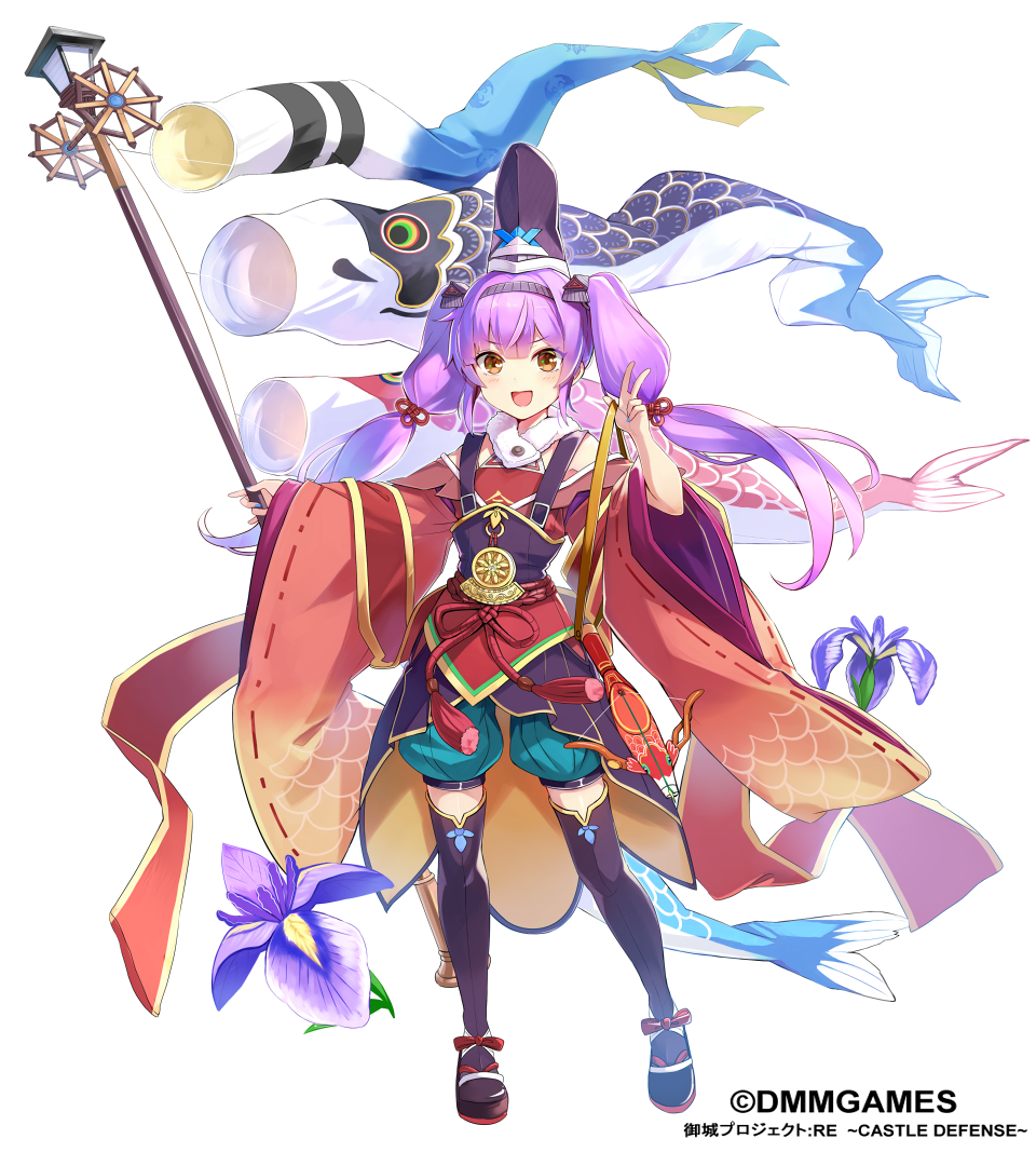 1girl :d black_legwear brown_eyes copyright_name emerane full_body hairband japanese_clothes long_hair official_art open_mouth orchid oshiro_project oshiro_project_re purple_hair smile solo standing taga_(oshiro_project) twintails v watermark wide_sleeves wind_sock