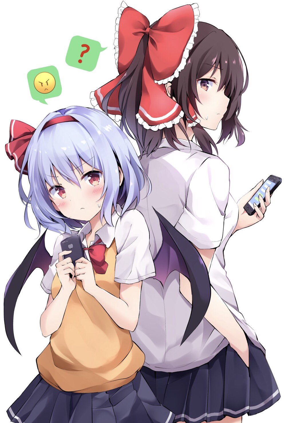 &gt;:( 2girls ? back-to-back bad_proportions bat_wings blue_hair blue_skirt blush bow brown_hair cellphone commentary_request cowboy_shot emoji frilled_bow frills from_behind hair_bow hair_ribbon hair_tubes hairband hakurei_reimu hand_in_pocket head_tilt height_difference highres holding holding_phone hyurasan looking_back miniskirt multiple_girls neck_bow no_hat no_headwear phone pleated_skirt profile red_bow red_eyes red_hairband red_neckwear red_ribbon remilia_scarlet ribbon school_uniform shirt short_hair short_sleeves sidelocks simple_background skirt smartphone standing sweatdrop sweater_vest touhou v-shaped_eyebrows vest white_background white_shirt wing_collar wings yellow_vest