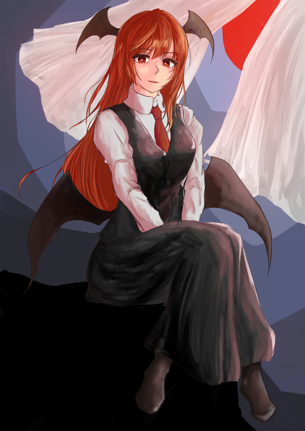 1girl bat_wings black_legwear commentary dress_shirt eyebrows_visible_through_hair eyelashes head_wings highres koakuma long_hair long_sleeves looking_at_viewer low_wings necktie no_shoes pantyhose parted_lips red_eyes red_neckwear redhead saitamawan shirt simple_background sitting touhou v_arms vest white_pupils white_shirt wings