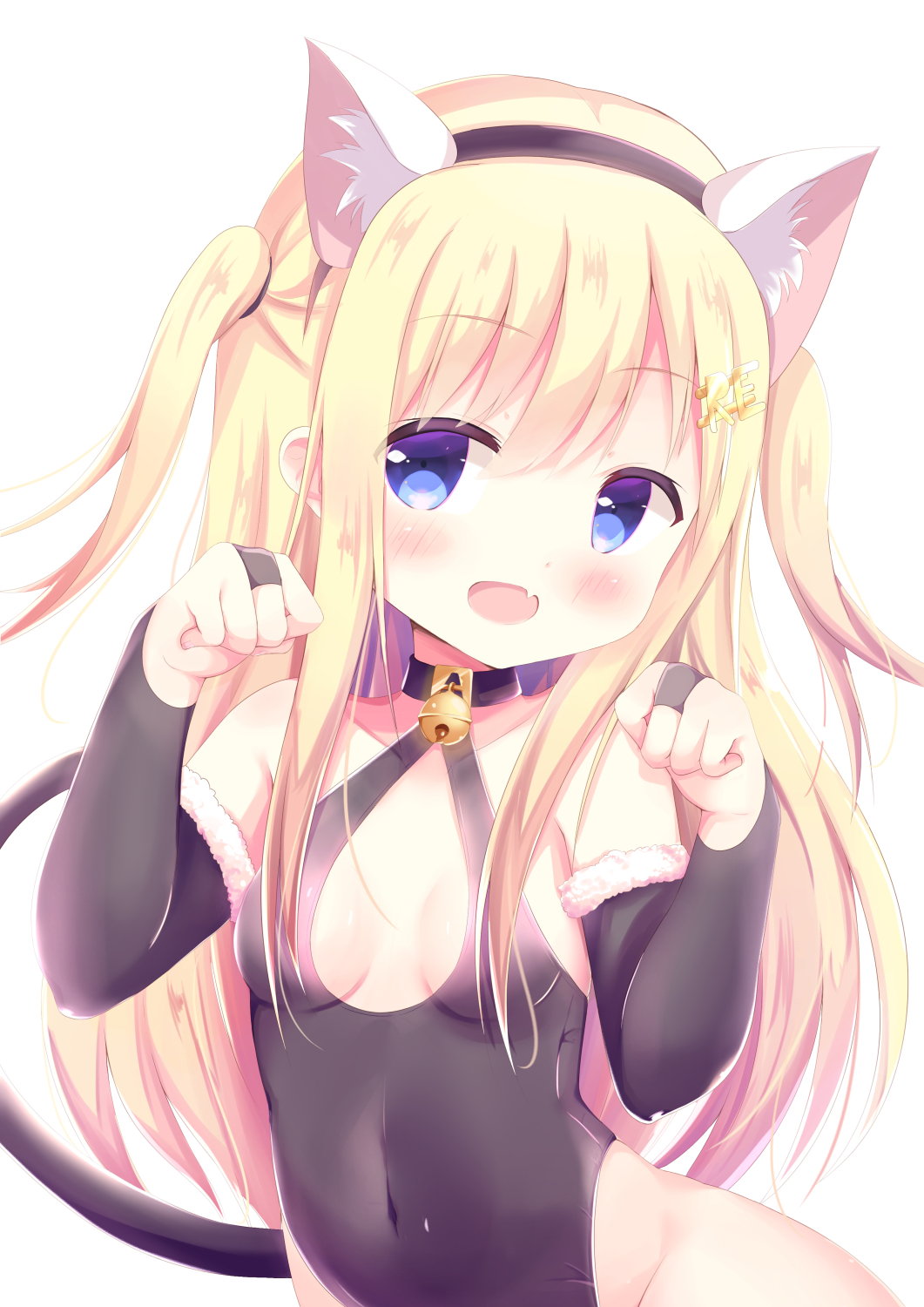 1girl :d animal_ears bangs bare_shoulders bell bell_choker black_choker black_hairband black_leotard blonde_hair blue_eyes blush breasts bridal_gauntlets cat_ears cat_girl cat_tail choker collarbone commentary covered_navel eyebrows_visible_through_hair fake_animal_ears fang hair_between_eyes hair_ornament hairband hands_up head_tilt highres jingle_bell kittipat_jituatakul leotard long_hair medium_breasts open_mouth original paw_pose simple_background smile solo tail two_side_up very_long_hair white_background