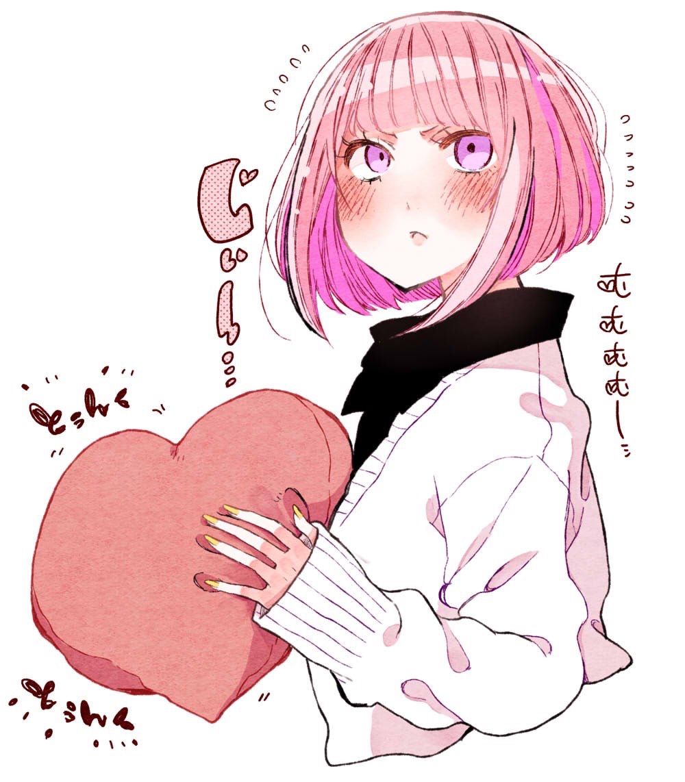 1girl bangs blush flying_sweatdrops heart holding looking_at_viewer nail_polish original pink_hair short_hair shunsuke simple_background sleeves_past_wrists solo upper_body violet_eyes white_background