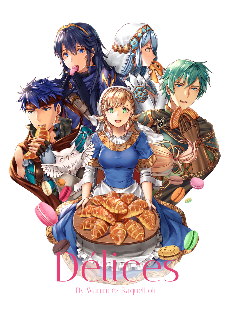 2boys 3girls apron aqua_(fire_emblem_if) bird blonde_hair blue_eyes blue_hair cape croissant dress eating ephraim feh_(fire_emblem_heroes) fingerless_gloves fire_emblem fire_emblem:_akatsuki_no_megami fire_emblem:_kakusei fire_emblem:_seima_no_kouseki fire_emblem:_souen_no_kiseki fire_emblem_heroes fire_emblem_if food gloves green_eyes green_hair headband ike long_hair looking_at_viewer low-tied_long_hair lucina macaron multiple_boys multiple_girls open_mouth owl pastry sharena shoulder_armor simple_background smile wani_(fadgrith)