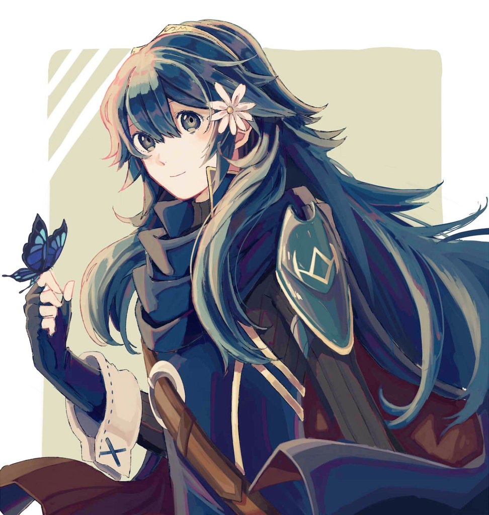 1girl artist_request blue_eyes blue_hair bug butterfly cape fingerless_gloves fire_emblem fire_emblem:_kakusei gloves insect long_hair looking_at_viewer lucina simple_background smile solo tiara