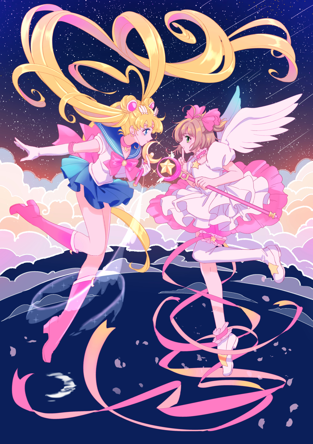 2girls back_bow bishoujo_senshi_sailor_moon blonde_hair blue_sailor_collar blue_skirt boots bow brooch brown_hair card_captor_sakura choker circlet dress eye_contact frills full_body green_eyes highres holding holding_wand hoshi_no_tsue jewelry kinomoto_sakura kisumi_rei knee_boots long_hair looking_at_another magical_girl moon_stick multicolored_hair multiple_girls pink_bow pink_footwear pink_hair pink_neckwear pink_ribbon pleated_skirt profile ribbon sailor_collar sailor_moon sailor_senshi_uniform shoes short_hair single_thighhigh skirt smile thigh-highs tsukino_usagi twintails two_side_up wand white_dress white_footwear white_legwear