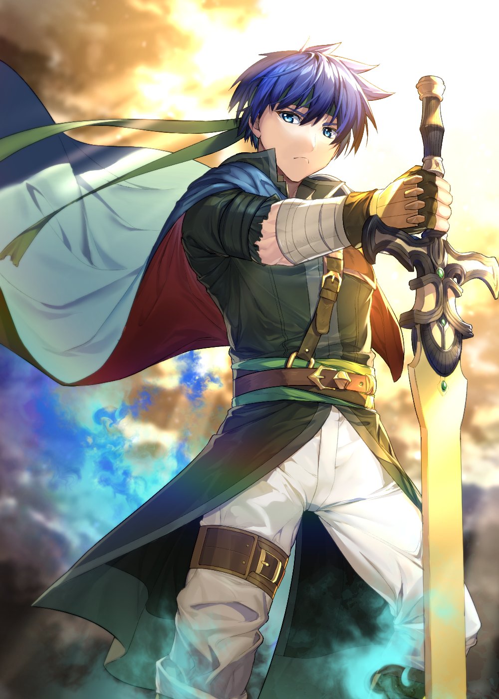 1boy armor blue_eyes blue_hair cape fingerless_gloves fire_emblem fire_emblem:_souen_no_kiseki gloves headband highres ike looking_at_viewer male_focus ragnell short_hair simple_background solo sword tdob_mk2 weapon