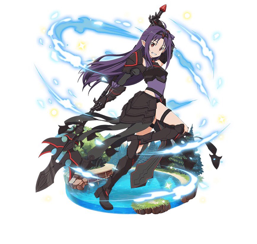 1girl arm_up armor black_footwear boots breastplate detached_sleeves faux_figurine floating_hair from_side gauntlets grin holding holding_weapon knee_boots leotard long_hair looking_at_viewer one_leg_raised pointy_ears polearm purple_hair purple_leotard red_eyes simple_background smile solo sword_art_online thigh_strap very_long_hair weapon white_background yuuki_(sao)