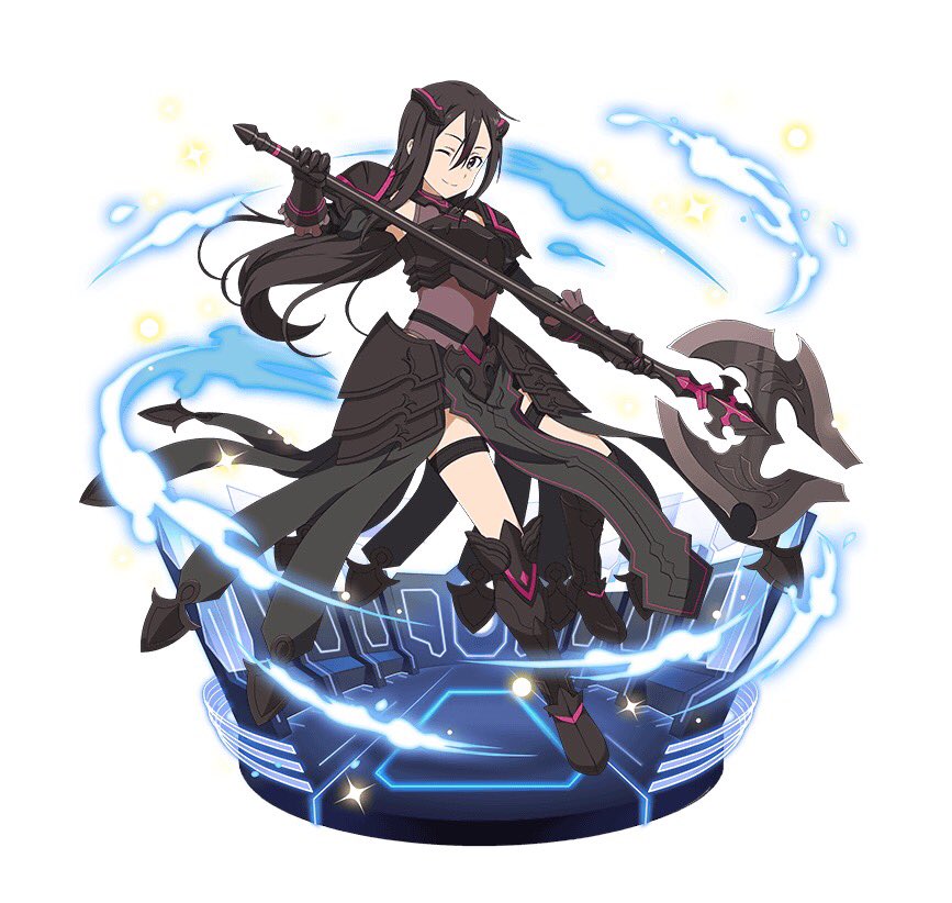 1boy ;) androgynous armor black_eyes black_footwear black_hair boots breastplate brown_leotard detached_sleeves faux_figurine floating_hair full_body gauntlets hair_between_eyes holding holding_weapon kirito_(sao-ggo) knee_boots leotard long_hair looking_at_viewer one_eye_closed poleaxe simple_background smile solo sparkle spaulders sword_art_online thigh_strap trap very_long_hair weapon white_background