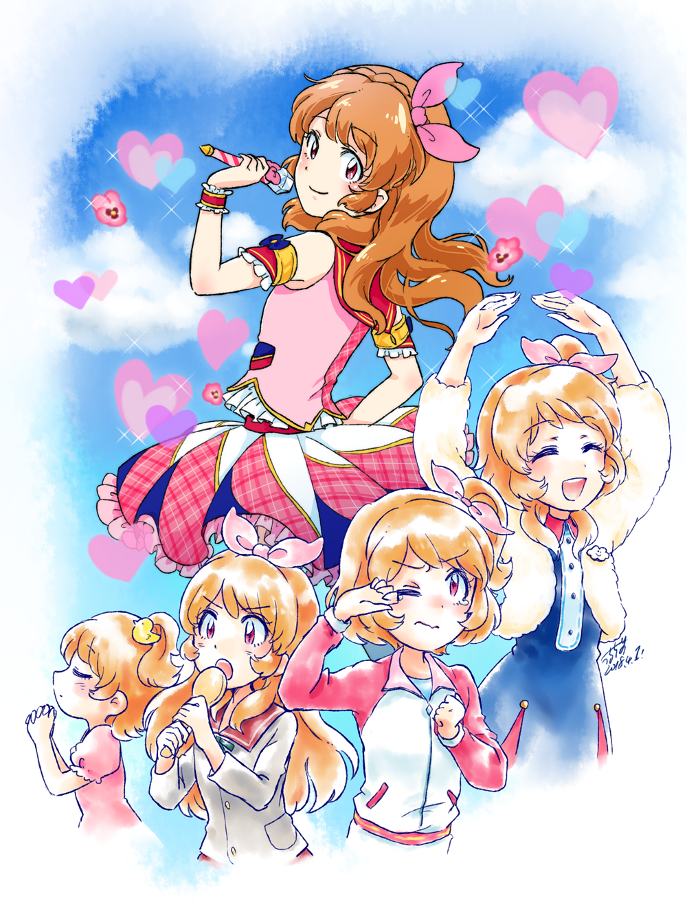 1girl age_progression aikatsu! aikatsu!_(series) arms_up bow brown_hair closed_eyes commentary_request duck_hair_ornament flower hair_bow heart highres holding idol long_hair looking_at_viewer one_eye_closed oozora_akari open_mouth puffy_short_sleeves puffy_sleeves school_uniform short_hair short_sleeves sleeveless smile sparkle tearing_up uruchi_kome