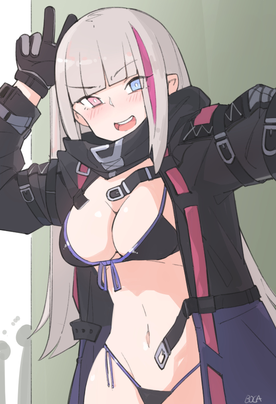 1girl :d arms_up bangs bikini black_bikini black_coat black_gloves blue_eyes blunt_bangs blush boca breasts buckle cleavage coat commentary cowboy_shot eyebrows_visible_through_hair front-tie_bikini front-tie_top girls_frontline gloves grey_hair half-closed_eyes head_tilt heterochromia highleg highleg_bikini long_hair long_sleeves looking_at_viewer mdr_(girls_frontline) medium_breasts multicolored_hair navel open_clothes open_coat open_mouth outstretched_arm pink_eyes pink_hair round_teeth self_shot side-tie_bikini sidelocks signature silhouette smile solo_focus standing stomach strap streaked_hair string_bikini swimsuit teeth two-tone_hair v v-shaped_eyebrows white_pupils