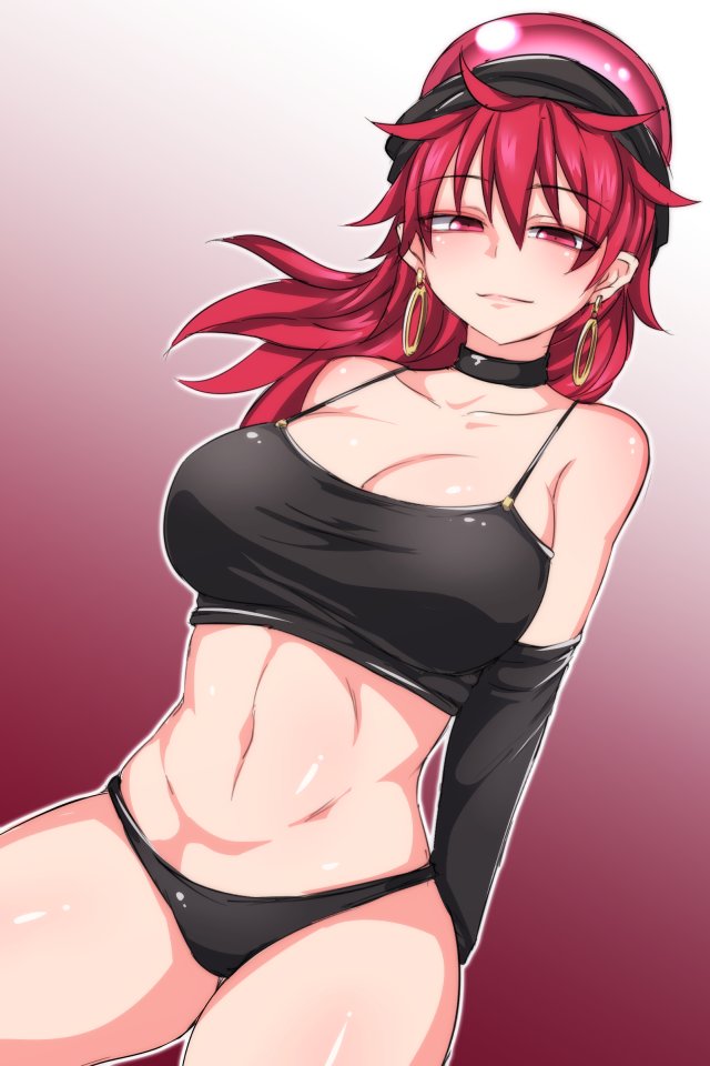 1girl arm_at_side bangs bare_shoulders black_gloves black_panties breasts choker cleavage closed_mouth cowboy_shot earrings eyebrows_visible_through_hair gloves gradient gradient_background hecatia_lapislazuli hoop_earrings jewelry kuroba_rapid large_breasts light_smile long_hair looking_at_viewer navel panties polos_crown red_eyes redhead shiny shiny_hair solo spaghetti_strap touhou underwear