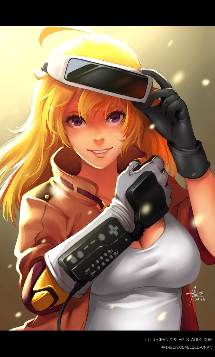 1girl 2018 adjusting_goggles alternate_costume black_gloves blonde_hair breasts cleavage dated gloves goggles goggles_on_head highres jacket letterboxed long_hair lulu-chan92 nintendo power_glove prosthesis prosthetic_arm ready_player_one rwby smile solo violet_eyes vr_visor watermark web_address yang_xiao_long