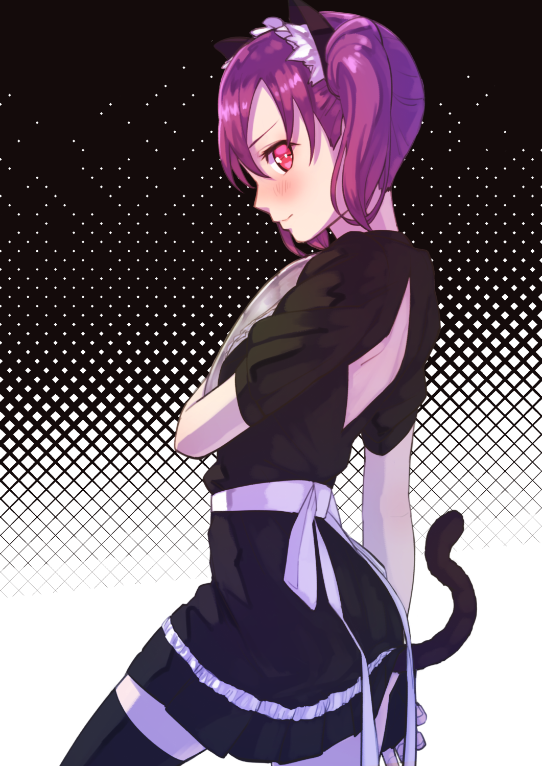 1girl animal_ears black_dress blush cat_ears cat_tail dress from_side goe_(g-o-e) gradient gradient_background halftone halftone_background highres holding holding_tray kazuno_leah love_live! love_live!_sunshine!! purple_hair sash short_sleeves smile solo tail tray twintails violet_eyes white_sash