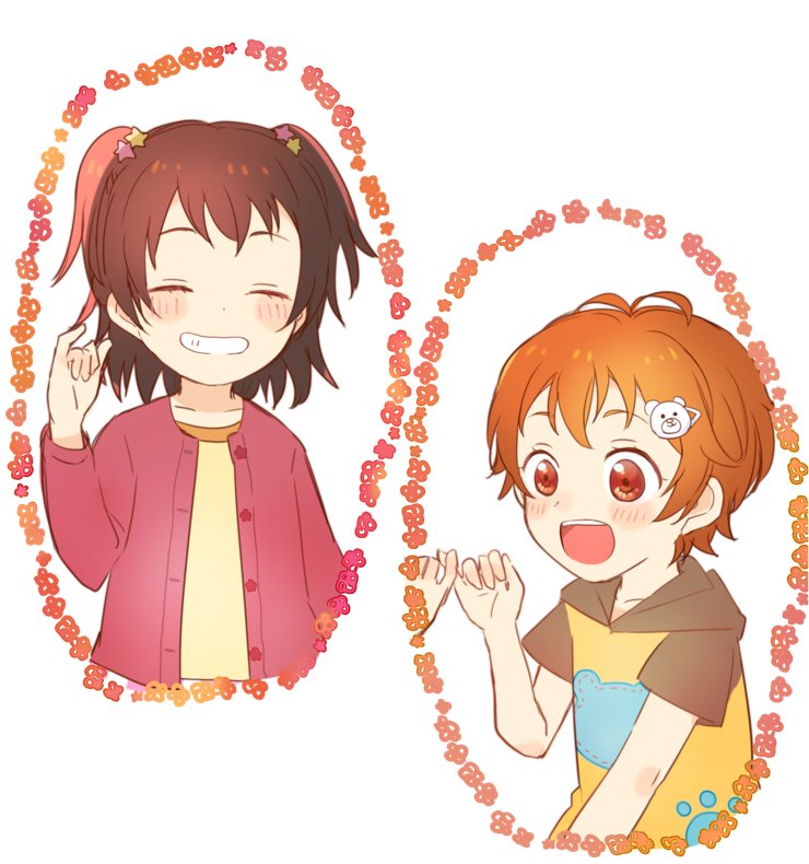 2girls :d ^_^ animal_print antenna_hair bang_dream! bangs bear_hair_ornament bear_print blush brown_hair cheese_(cheyonieei) child closed_eyes commentary flower_border grin hair_ornament hairclip hood hood_down hoodie kitazawa_hagumi long_sleeves multiple_girls open_mouth orange_hair pink_cardigan pinky_out pinky_swear print_hoodie red_eyes shirt short_hair short_sleeves smile star star_hair_ornament symbol_commentary toyama_kasumi two_side_up upper_teeth white_background yellow_shirt younger