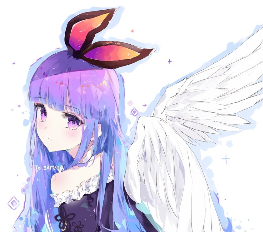 1girl angel_wings bangs bare_shoulders blue_hair blunt_bangs blush choker closed_mouth commission copyright_request expressionless eyebrows_visible_through_hair feathered_wings frills from_behind gradient_hair hair_ribbon looking_at_viewer looking_back multicolored_hair off_shoulder pink_ribbon purple_hair ribbon shiny shiny_hair simple_background solo tr_(hareru) upper_body violet_eyes white_background white_choker white_wings wings