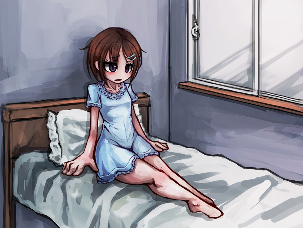 bed big_hands blue_dress brown_hair pillow purple_eyes ray-k tagme wide_hips