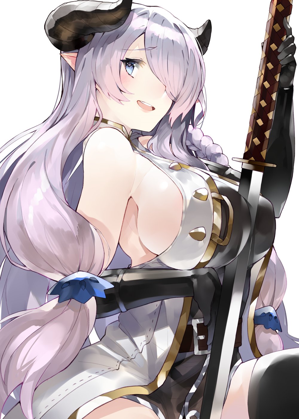 1girl asymmetrical_gloves belt belt_buckle between_breasts black_gloves black_legwear blue_eyes blush braid breasts buckle draph elbow_gloves eyebrows_visible_through_hair gloves granblue_fantasy hair_over_one_eye highres horns katana kou_mashiro large_breasts lavender_hair long_hair looking_at_viewer looking_to_the_side low_tied_hair narumeia_(granblue_fantasy) open_mouth pointy_ears sideboob simple_background single_braid sleeveless smile solo sword weapon white_background