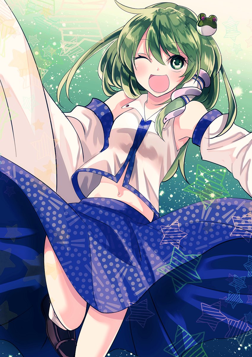 1girl ahoge collar detached_sleeves frog green_eyes green_hair hair hair_accessories kochiya_sanae long_hair long_skirt midriff navel open_mouth polka_dots shoes skirt snake socks star tongue touhou tube wagocolo wink