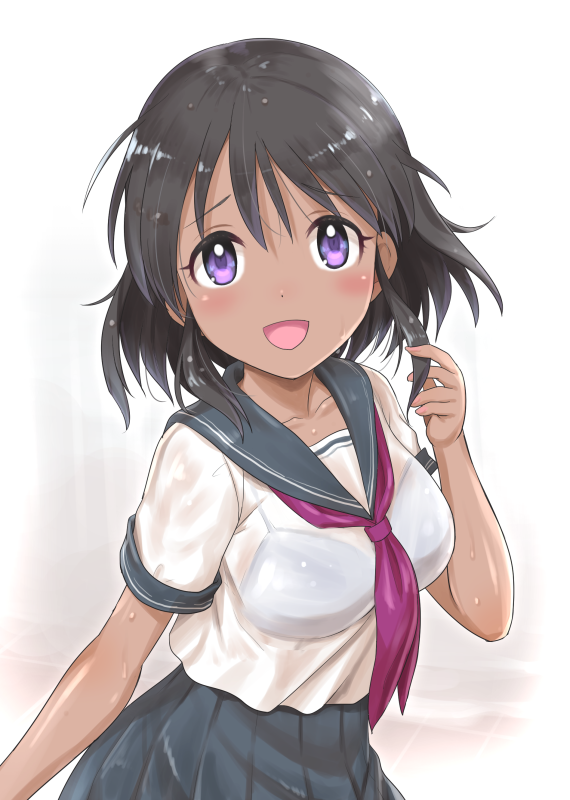 1girl :d bangs black_hair black_sailor_collar black_skirt blue_bra blush bra collarbone dark_skin idolmaster idolmaster_cinderella_girls mashou_boy natalia_(idolmaster) neckerchief open_mouth playing_with_own_hair pleated_skirt purple_neckwear sailor_collar see-through shiny shiny_hair shirt short_hair short_sleeves sidelocks skirt smile solo tareme underwear upper_body violet_eyes wet wet_clothes wet_shirt white_shirt