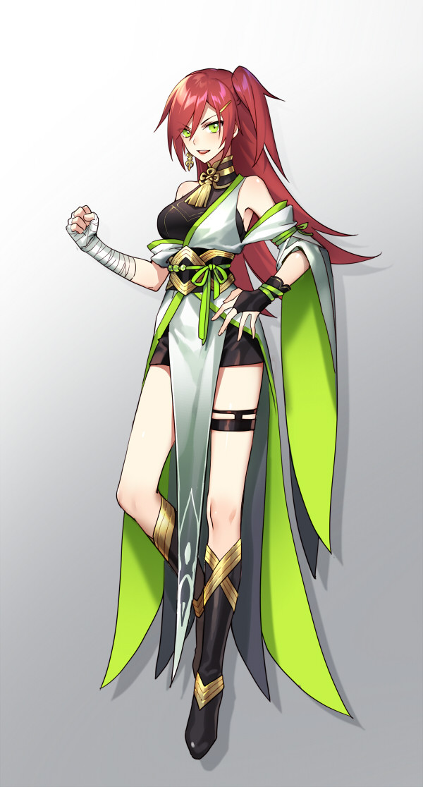 1girl :d bandage bandaged_arm bare_shoulders black_footwear black_gloves boots breasts bridal_gauntlets contrapposto gloves gradient gradient_background green_eyes grey_background hair_between_eyes hair_ornament hairclip kangetsu_(fhalei) leg_belt looking_at_viewer medium_breasts off_shoulder one_side_up open_mouth original redhead smile solo standing