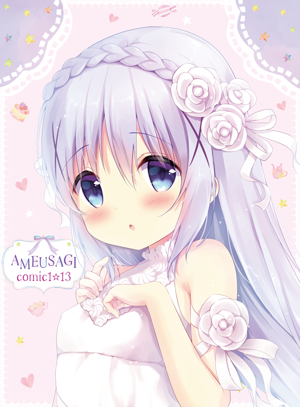 1girl :o amedamacon bangs bare_shoulders blue_eyes blue_hair blush braid cup dress eyebrows_visible_through_hair flower food fruit gochuumon_wa_usagi_desu_ka? hair_between_eyes hair_flower hair_ornament hands_on_own_chest hands_up heart kafuu_chino looking_at_viewer looking_to_the_side parted_lips pink_background rose sleeveless sleeveless_dress solo star strawberry teacup teapot white_dress white_flower white_rose x_hair_ornament