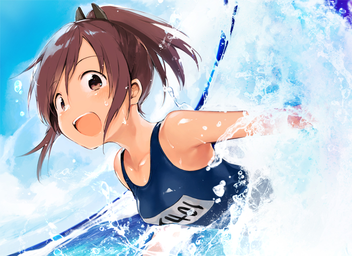 1girl :d blush breasts brown_eyes brown_hair clouds day fujiyama hair_ornament horizon i-401_(kantai_collection) kantai_collection looking_at_viewer name_tag one-piece_swimsuit open_mouth partially_submerged ponytail school_swimsuit short_hair sky small_breasts smile solo swimming swimsuit teeth upper_body water water_drop