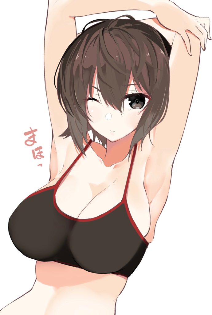 1girl armpits arms_behind_head arms_up black_eyes breasts brown_hair commentary_request girls_und_panzer large_breasts looking_at_viewer muteki_soda nishizumi_maho one_eye_closed short_hair simple_background solo sports_bra upper_body white_background
