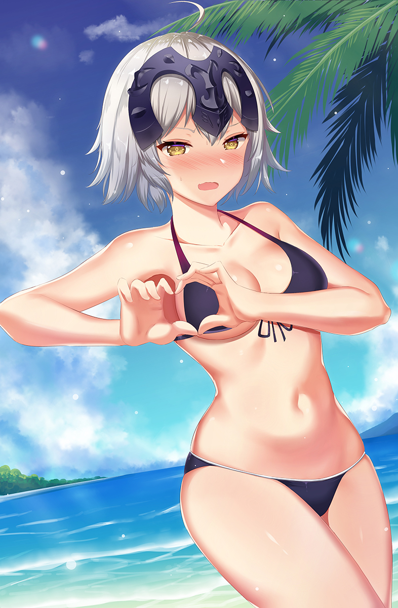 1girl ahoge beach bencao_gangmu_(19) bikini black_bikini blue_sky breasts clouds cowboy_shot fate/apocrypha fate/grand_order fate_(series) front-tie_top headpiece heart heart_hands highres jeanne_d'arc_(alter)_(fate) jeanne_d'arc_(fate)_(all) looking_at_viewer ocean outdoors palm_tree short_hair silver_hair sky small_breasts solo swimsuit tree yellow_eyes