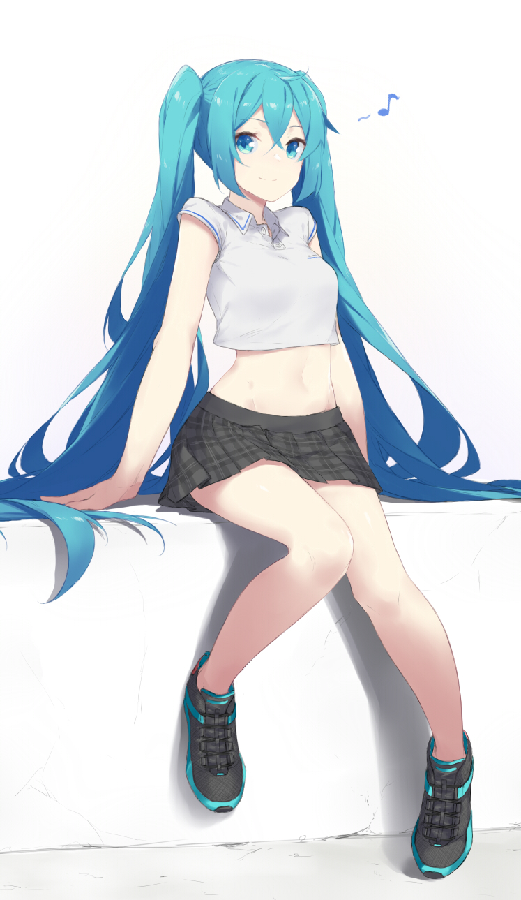 1girl alternate_costume aqua_eyes aqua_hair arms_at_sides bare_legs black_footwear black_skirt breasts casual closed_mouth collared_shirt crop_top eighth_note eyebrows_visible_through_hair fhang full_body grey_shirt hatsune_miku highres leg_up long_hair looking_at_viewer medium_breasts midriff miniskirt musical_note navel no_socks plaid plaid_skirt pleated_skirt shiny shiny_hair shirt shoes short_sleeves simple_background sitting skirt smile sneakers solo stomach very_long_hair vocaloid white_background wing_collar