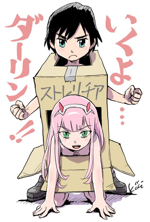 1boy 1girl bangs black_hair box cardboard_box cardboard_box_gundam censored clenched_hands commentary_request darling_in_the_franxx green_eyes hairband hiro_(darling_in_the_franxx) horns kiichi long_hair looking_at_viewer open_mouth pink_hair short_hair simple_background translated white_background white_hairband zero_two_(darling_in_the_franxx)