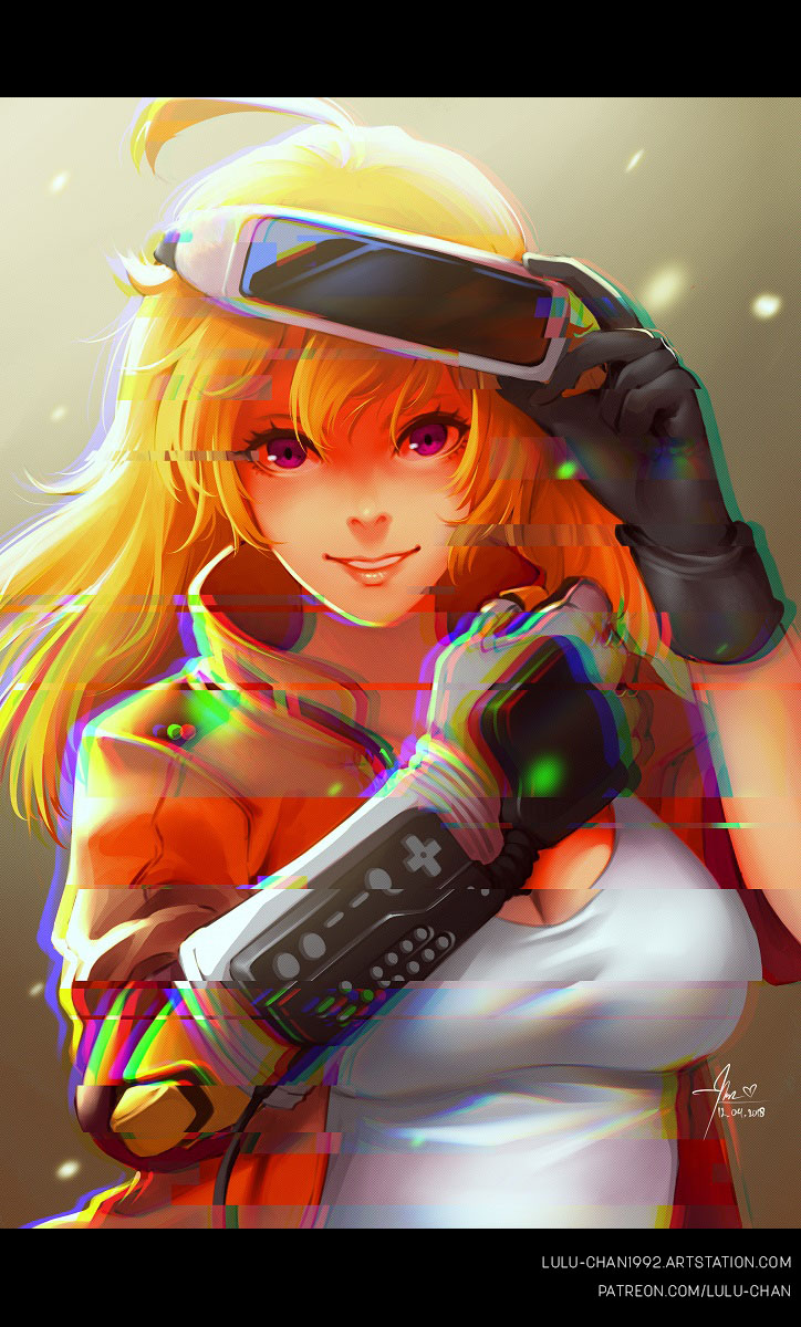 1girl 2018 adjusting_goggles alternate_costume black_gloves blonde_hair breasts chromatic_aberration cleavage dated gloves goggles goggles_on_head highres jacket letterboxed long_hair lulu-chan92 nintendo power_glove prosthesis prosthetic_arm ready_player_one rwby smile solo violet_eyes vr_visor watermark web_address yang_xiao_long