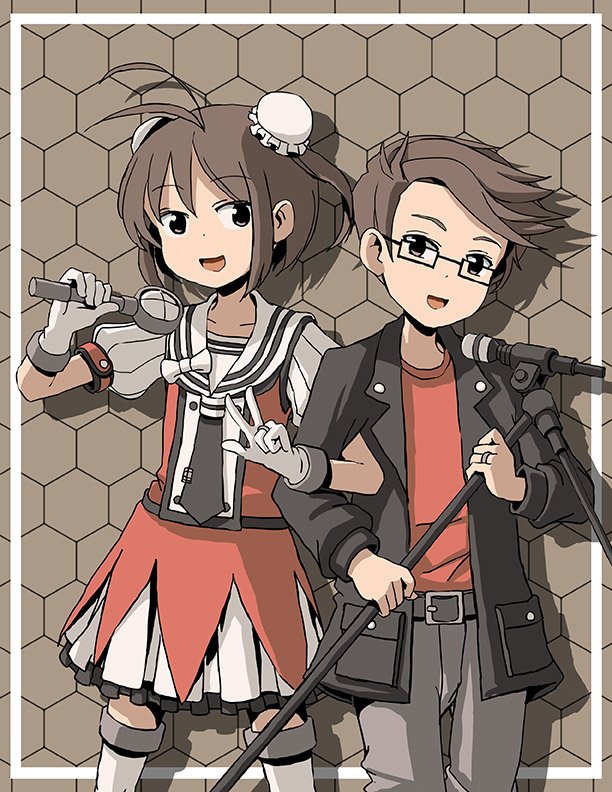 1boy 1girl admiral_(kantai_collection) adrian_ferrer antenna_hair belt black_jacket brown_eyes brown_hair bun_cover commentary double_bun english_commentary glasses gloves hexagram jacket kantai_collection microphone naka_(kantai_collection) patterned_background remodel_(kantai_collection) school_uniform serafuku shadow smile thigh-highs w white_gloves zettai_ryouiki