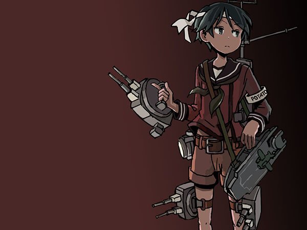 1girl adrian_ferrer armband belt black_eyes black_hair gradient gradient_background hachimaki headband kantai_collection looking_to_the_side machinery mogami_(kantai_collection) school_uniform serafuku serious shorts solo turret