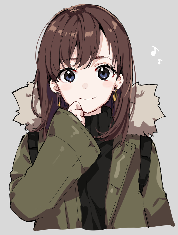 1girl arisaka_ako bangs black_sweater blue_eyes blush brown_hair closed_mouth coat commentary earrings eighth_note eyebrows_visible_through_hair fur_coat grey_background hand_up jewelry looking_at_viewer musical_note open_clothes open_coat original simple_background sleeves_past_wrists smile solo sweater turtleneck turtleneck_sweater upper_body