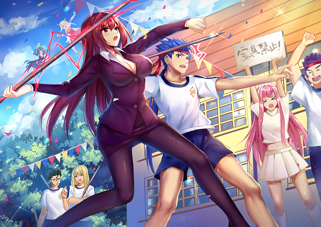 &gt;_&lt; 3boys 4girls :d arms_up bangs black_hair black_legwear blonde_hair blue_eyes blue_hair blue_shorts blue_sky boots breasts brown_eyes building character_request cleavage closed_eyes clouds collared_shirt commentary_request confetti cu_chulainn_(fate/grand_order) day dress eyebrows_visible_through_hair fate/grand_order fate/kaleid_liner_prisma_illya fate/zero fate_(series) flying formal glint gym_shirt gym_shorts gym_uniform hair_between_eyes holding holding_sign holding_spear holding_weapon illyasviel_von_einzbern jacket knee_boots lancelot_(fate/grand_order) lancer lancer_(fate/zero) large_breasts long_hair long_sleeves magical_ruby mallizmora medb_(fate/grand_order) miyu_edelfelt multiple_boys multiple_girls open_mouth outdoors pantyhose pencil_skirt pennant pink_dress pink_hair pleated_skirt polearm prisma_illya purple_dress purple_hair purple_jacket purple_skirt red_eyes redhead scathach_(fate/grand_order) shirt short_shorts short_sleeves shorts sign skirt skirt_suit sky smile spear string_of_flags suit translation_request very_long_hair weapon white_footwear white_shirt white_skirt