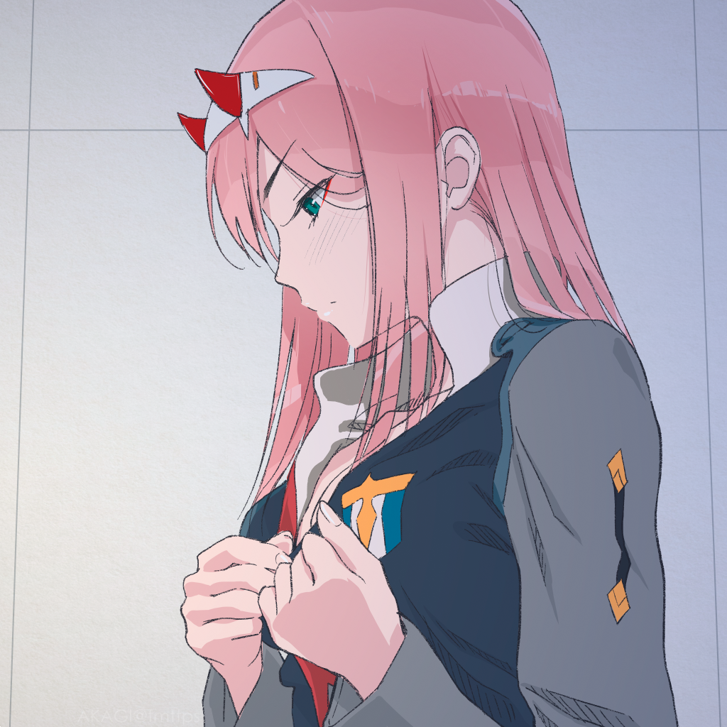 1girl akagi_(fmttps) bangs blunt_bangs blush breasts cleavage closed_mouth darling_in_the_franxx from_side half-closed_eyes horns military military_uniform pink_hair undressing uniform upper_body zero_two_(darling_in_the_franxx)