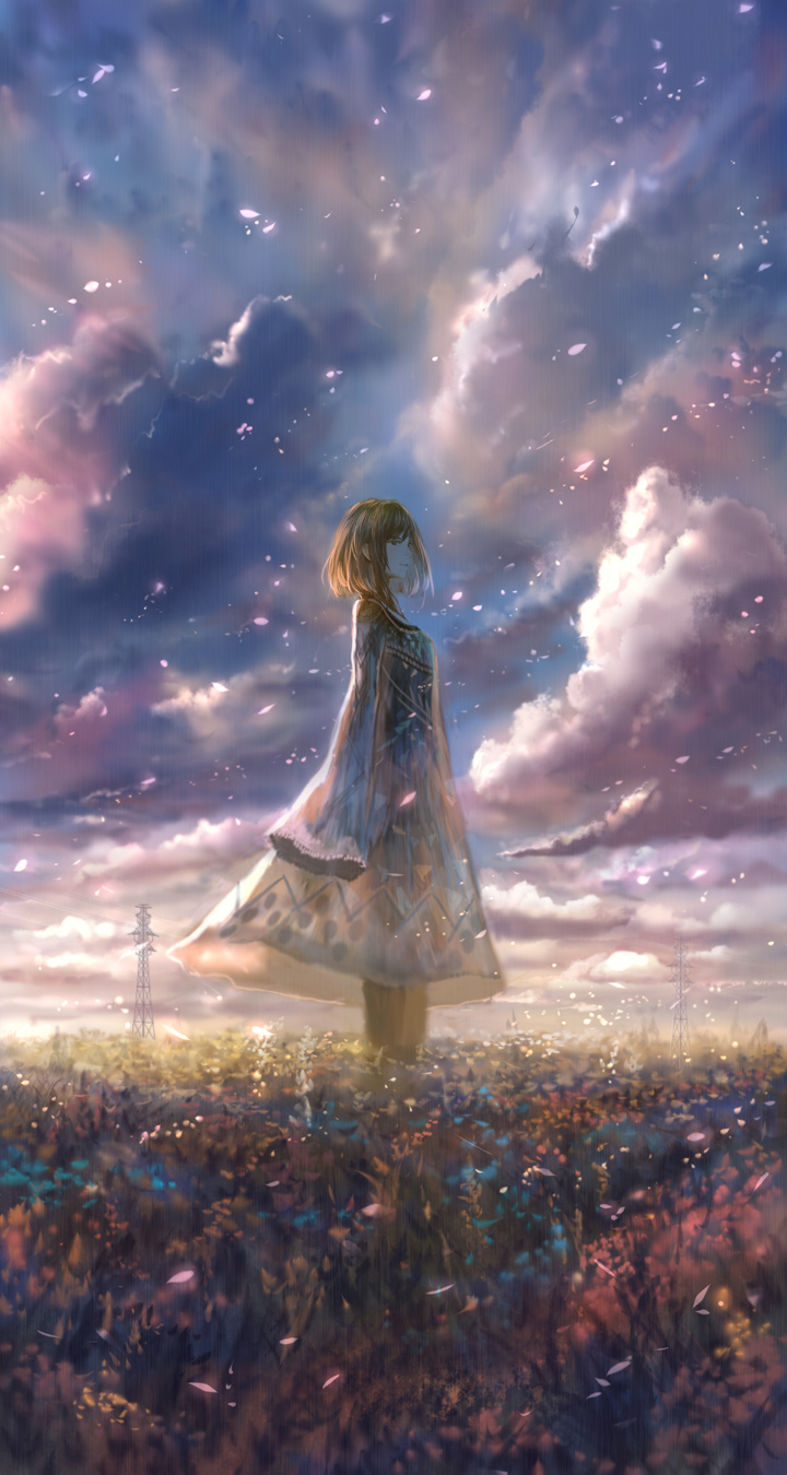 1girl blue_dress brown_hair closed_mouth clouds cloudy_sky commentary_request dress fantasy from_side highres light_particles long_dress long_sleeves meadow original outdoors overcast sakimori_(hououbds) scenery short_hair sky sleeves_past_fingers solo standing transmission_tower