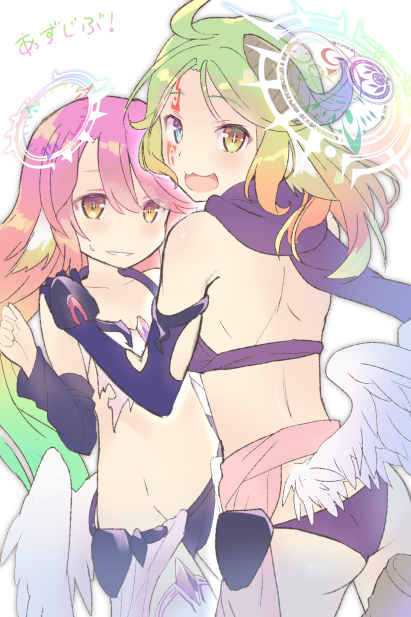2girls :3 ahoge angel_wings ass azriel_(no_game_no_life) back crop_top cross feathered_wings fuchima gloves gradient_hair green_eyes green_hair halo heterochromia horn jibril_(no_game_no_life) long_hair low_wings magic_circle midriff multicolored_hair multiple_girls no_game_no_life open_mouth pink_hair smile symbol-shaped_pupils tattoo torn_clothes very_long_hair white_wings wing_ears wings yellow_eyes younger