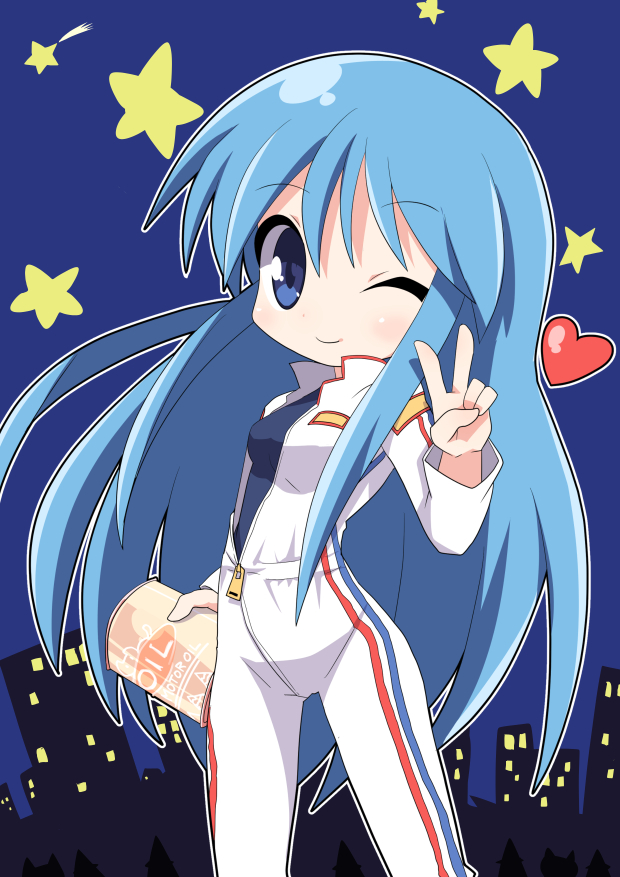 1girl ;) bangs blue_eyes blue_hair blue_shirt blush bodysuit breasts commentary_request copyright_request eyebrows_visible_through_hair hair_between_eyes hand_up heart holding long_hair looking_at_viewer medium_breasts night night_sky one_eye_closed osaragi_mitama partially_unzipped shirt sky smile solo star v very_long_hair white_bodysuit zipper_pull_tab