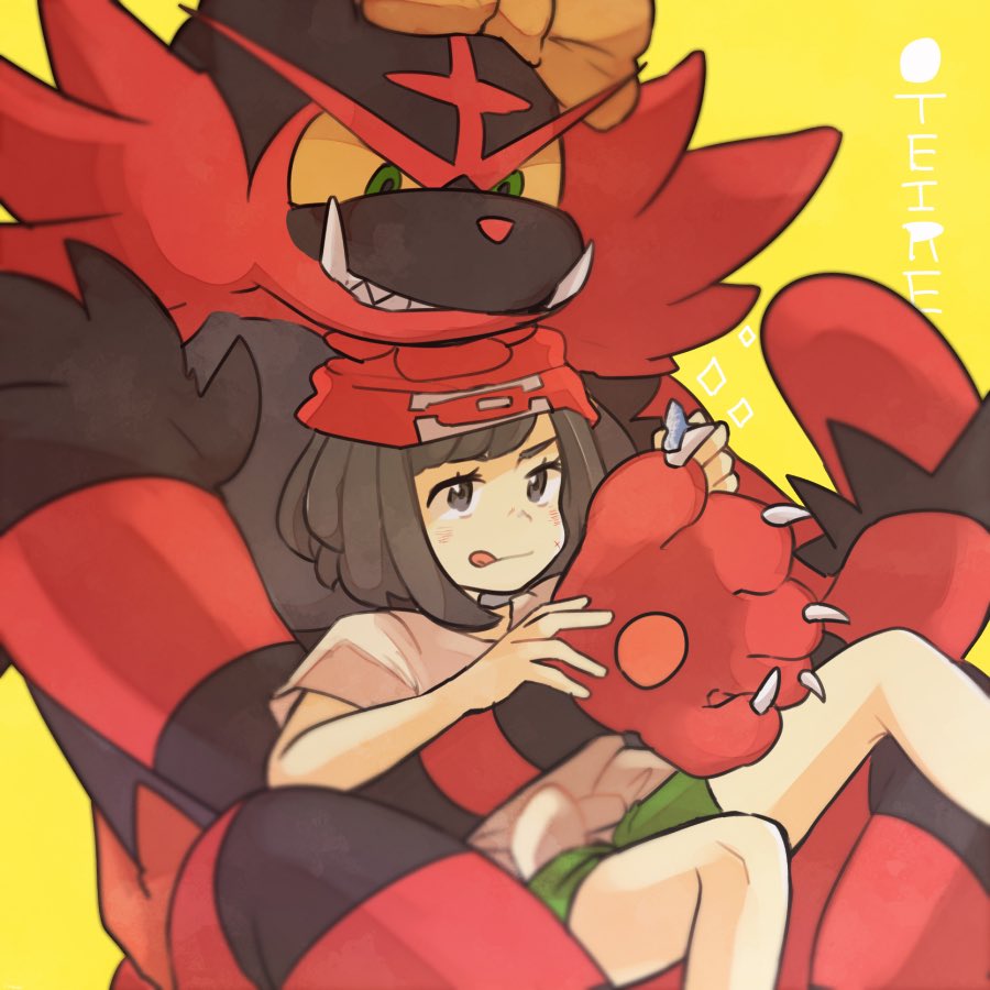 1girl :q beanie black_hair bow furry gen_7_pokemon green_shorts hat incineroar mizuki_(pokemon_sm) orange_bow pokemon pokemon_(creature) pokemon_(game) pokemon_sm red_hat shirt short_hair short_sleeves shorts siroromo sitting tied_shirt tongue tongue_out