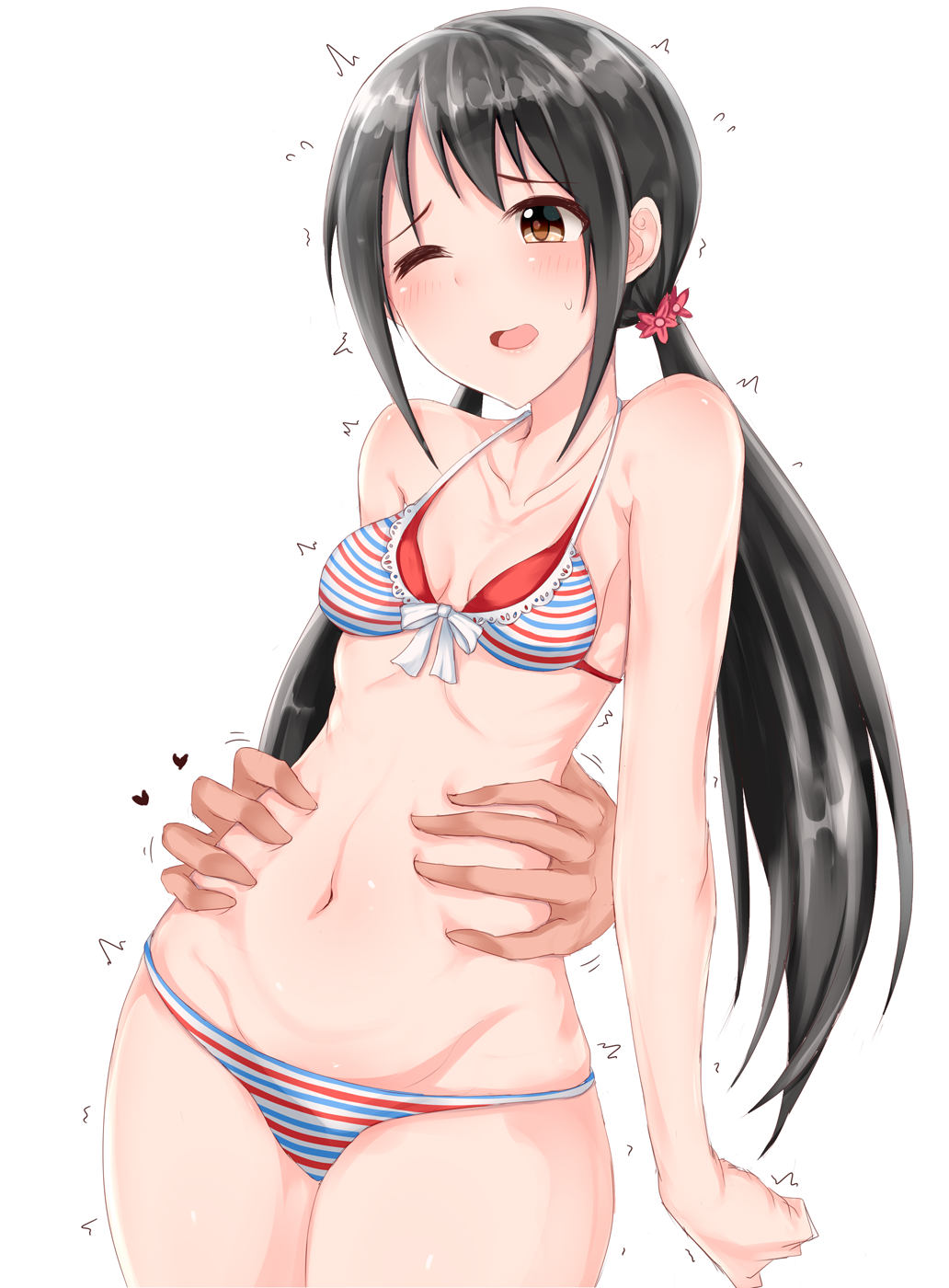 1girl ;d ;o bare_arms bare_shoulders bikini black_hair blush breasts brown_eyes cleavage collarbone colored_stripes cowboy_shot disembodied_limb flower hair_flower hair_ornament head_tilt heart highres idolmaster idolmaster_cinderella_girls idolmaster_cinderella_girls_starlight_stage long_hair low_twintails motion_lines multicolored multicolored_bikini multicolored_clothes nakano_yuka navel one_eye_closed open_mouth raised_eyebrows red_flower ribs shirushiru_(saitou888) simple_background small_breasts smile solo_focus standing stomach striped swimsuit torso_grab twintails very_long_hair white_background