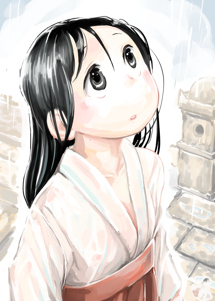 1girl :o black_eyes black_hair commentary_request from_side hakama hare_(tetterutei) highres japanese_clothes looking_up original outdoors parted_lips rain red_hakama solo stone_lantern wet wet_clothes